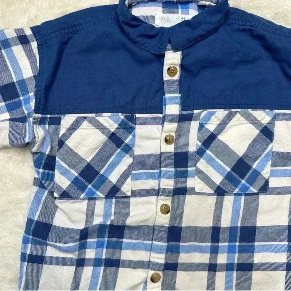 Zara Shirt Flannel Button-up Blue & White Size 4-5 Years - Picture 6 of 16